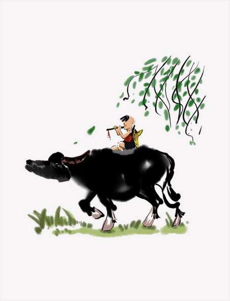 中国画水墨骑牛吹笛牧童插画PNG