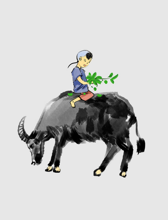水墨风骑牛牧童清明节清明