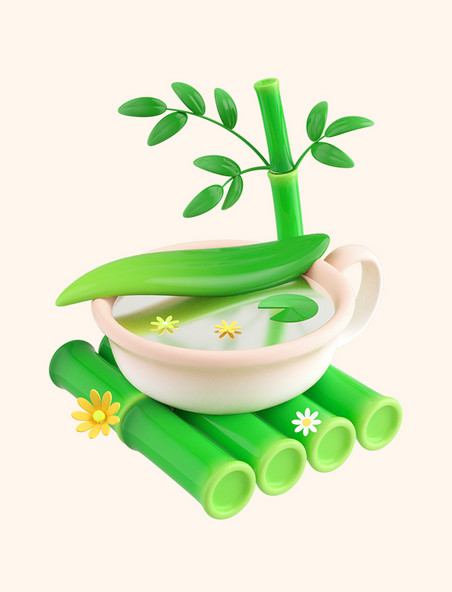 3d立体C4D绿色竹子小场景春天春季茶碗品茶茶道
