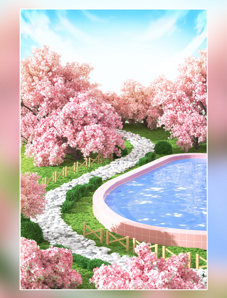 樱花季水池场景春天春季粉色赏花公园
