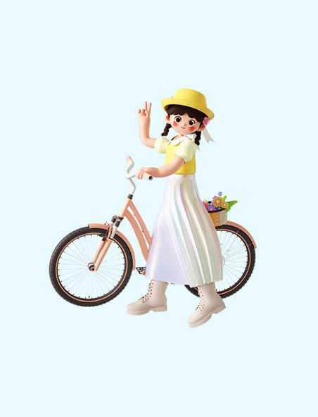 春天3D立体C4D春游可爱女孩人物骑自信车