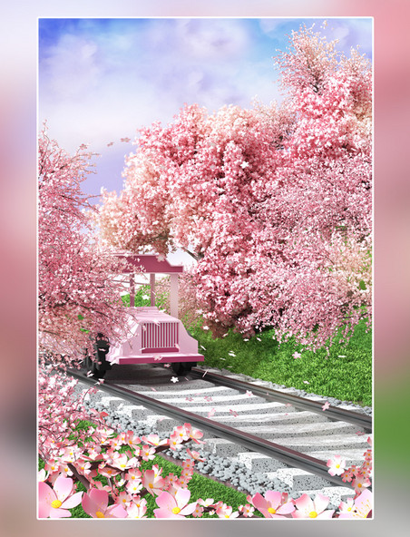 火车道旁樱花场景春天春季浪漫仿真植物