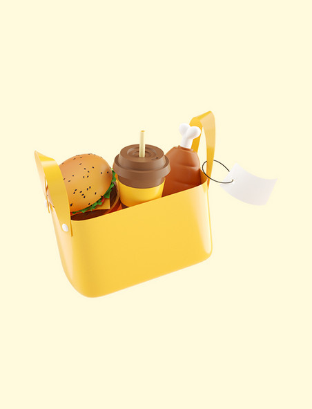 3d立体C4D黄色快餐食物购物袋