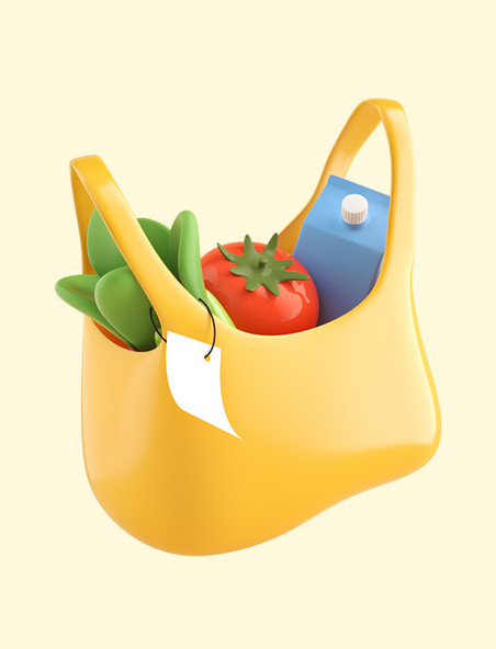 3d立体C4D黄色蔬果食物购物袋