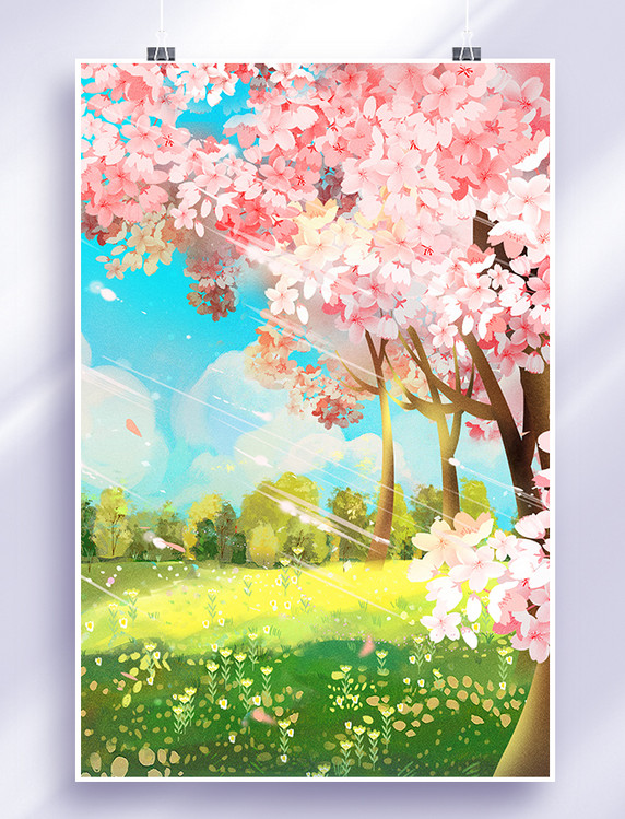 手绘小清新唯美治愈春天樱花风景天空草地插画竖版