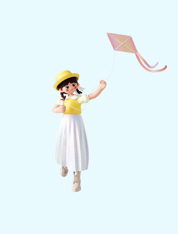 春天3D立体C4D春游可爱女孩人物放风筝