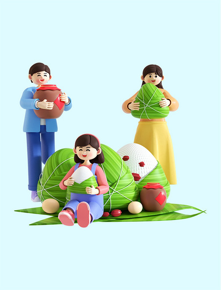 3D立体C4D端午端午节一家人吃粽子场景