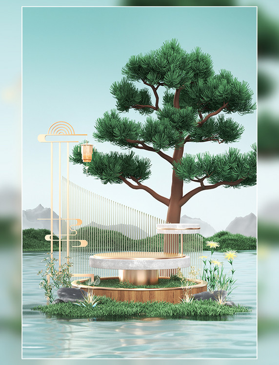  3D清明节古典中国风电商促销展台背景