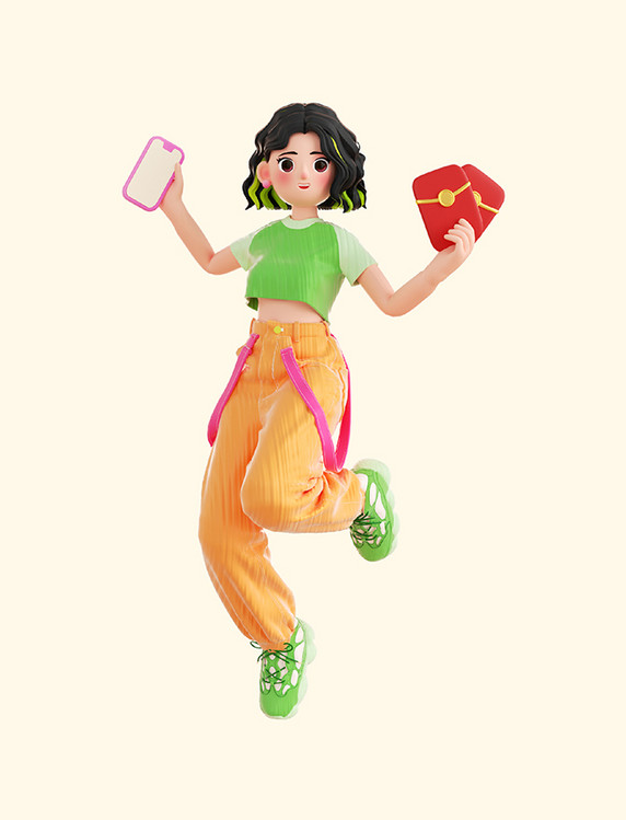 3D立体C4D潮流女生购物人物电商促销发红包