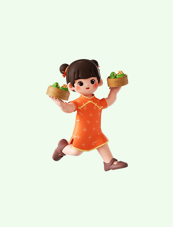 端午节3D立体国风小女孩吃粽子C4D人物