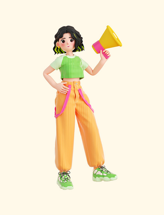 3D立体C4D潮流女生购物人物电商促销拿喇叭