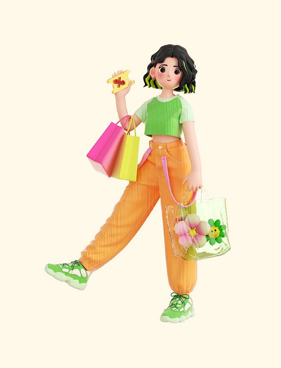3D立体C4D潮流女生购物人物电商促销