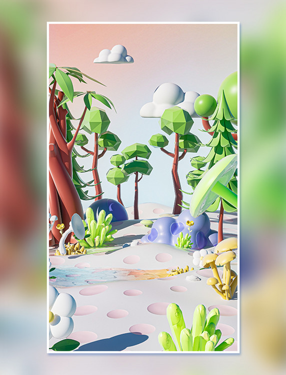 3d春天春季绿色生机创意卡通风格c4d场景