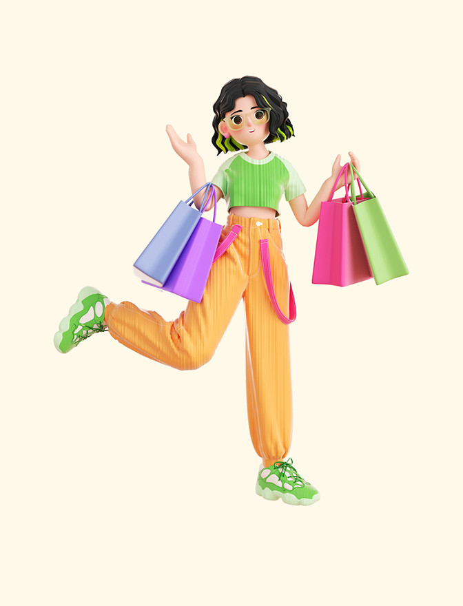 3d立体c4d潮流女生购物人物电商促销购物袋