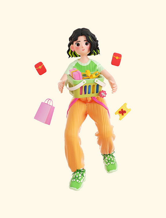 3D立体C4D潮流女生购物人物电商促销购物篮