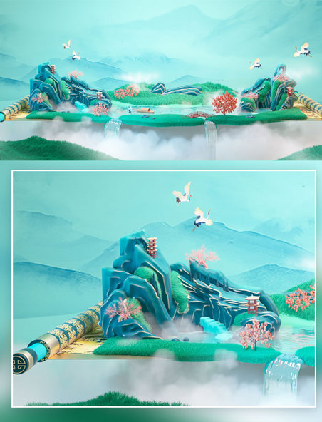 c4d立体清明清明节国风古典山水画轴创意场景