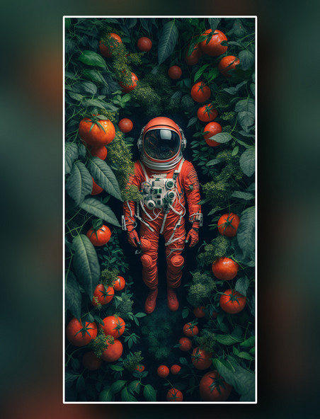 宇航员躺在西红柿环绕的森林草地上俯视图