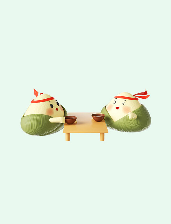 3D立体端午端午节粽子喝茶形象
