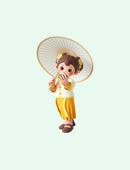 3D立体端午节古风可爱女孩打伞吃粽子