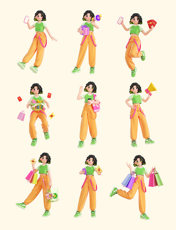 3D立体C4D潮流女生购物人物电商促销套图
