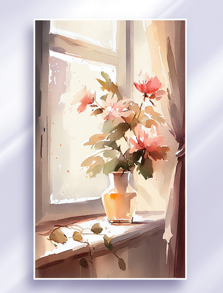 竖版水彩插画春日阳光窗边花朵