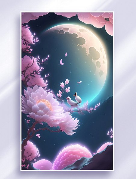 中国风粉色梦幻天空花卉月球数字插画场景
