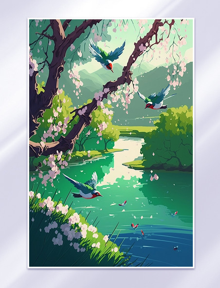 公园一角樱花与低飞的燕子风景插画