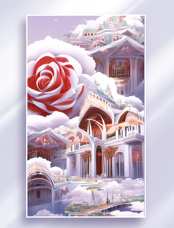 玫瑰城堡梦幻童话风数字艺术插画AI绘画