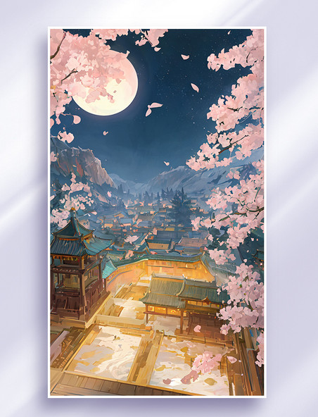 唯美油画中国风古建筑夜景数字艺术插画