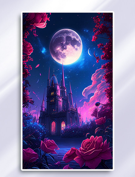 暗色浪漫月光玫瑰城堡插画