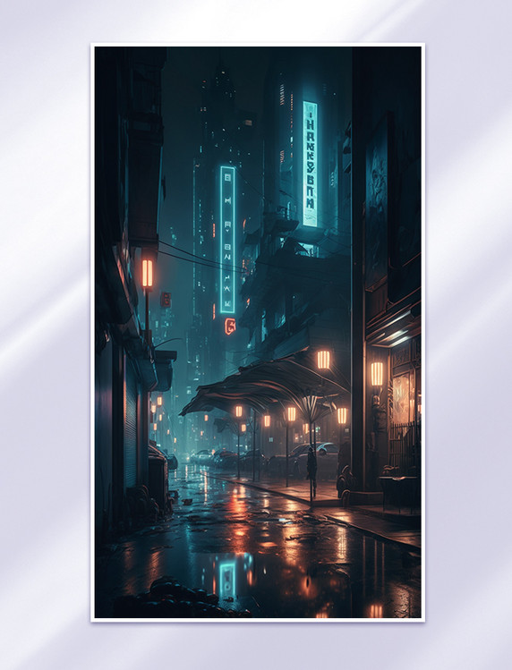 彩色赛博朋克城市街景科幻插画