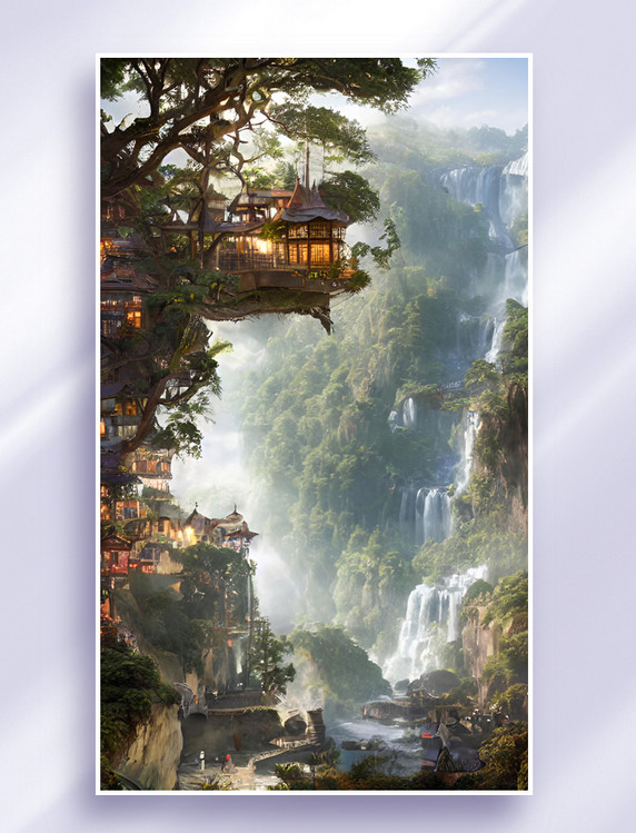 春天国风梦幻唯美山水树屋数字艺术插画