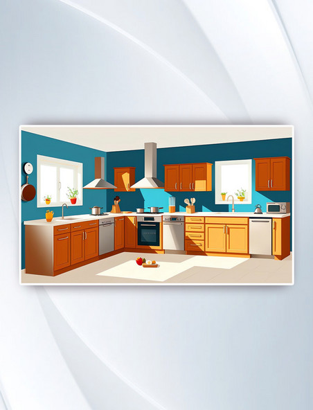 家庭厨房室内设计扁平风格卡通场景