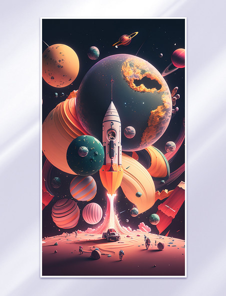 彩色探索火箭星球航天宇宙插画