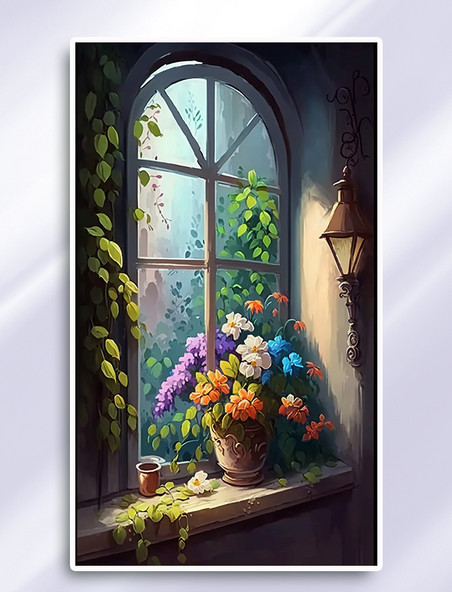 手绘彩色窗边盛开花朵插画