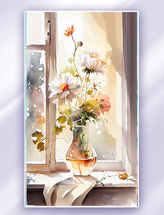 水彩插画春日窗边花朵插画