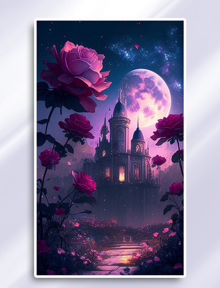 创意浪漫月光玫瑰城堡插画
