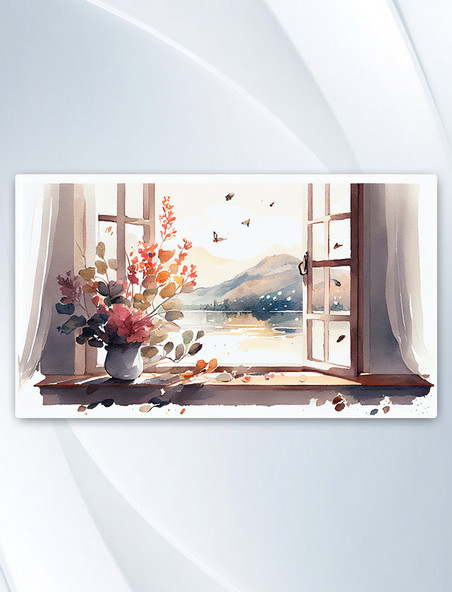 AI绘画横版春天窗边景色水彩插画