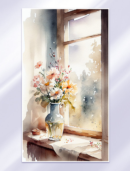 竖版水彩插画春日窗边花朵阳光