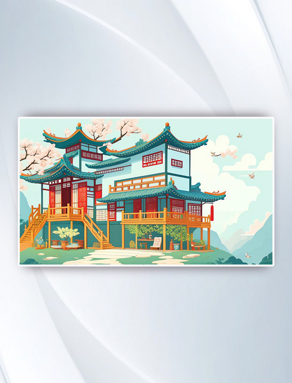 手绘中国风建筑风景场景