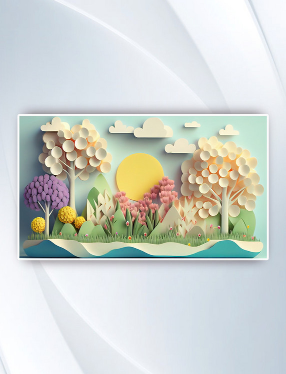 可爱春天剪纸风景色插画