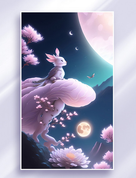 梦幻浪漫唯美国风太空兔子花朵数字艺术插画