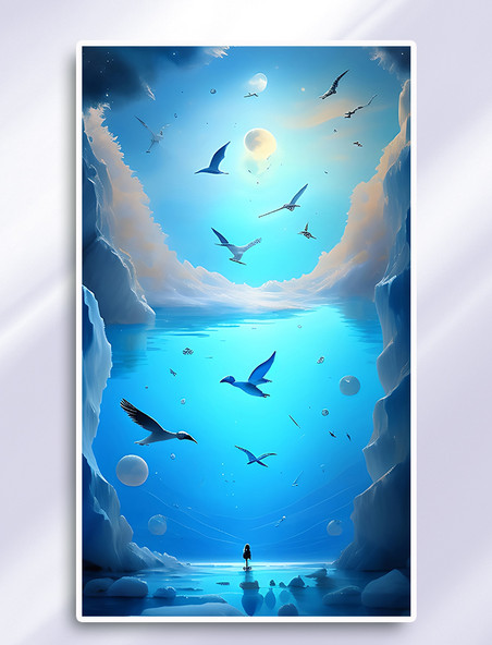唯美蓝色海洋飞鸟游戏场景数字艺术插画