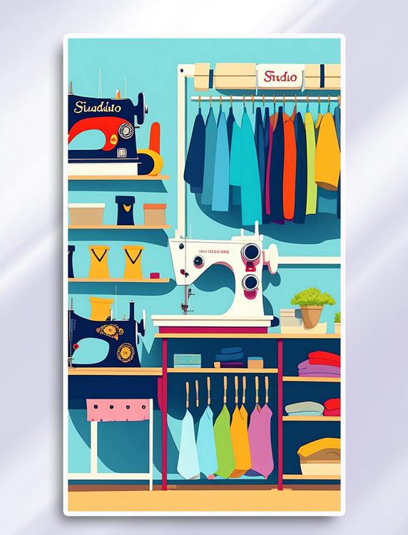 卡通扁平风服装店工作室缝纫机插画