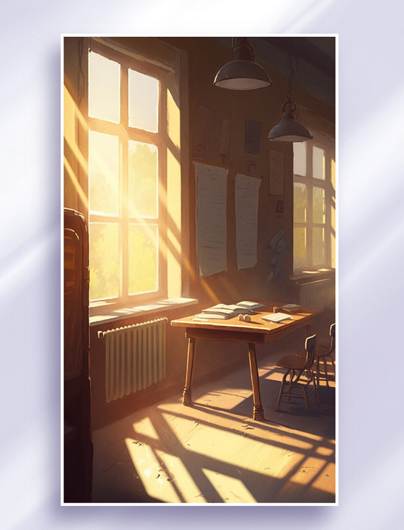 彩色阳光教室油画质感唯美插画