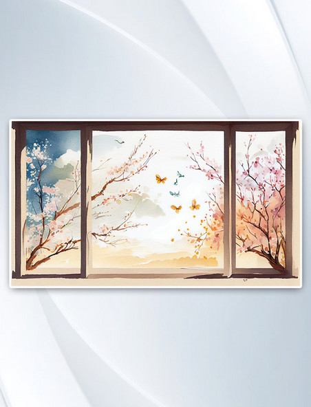 AI绘画横版春天窗边景色水彩插画