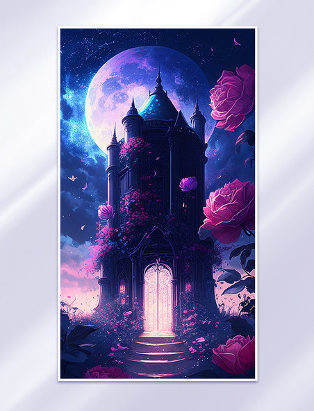 浪漫月光玫瑰城堡插画