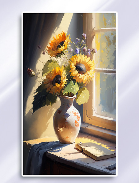 油画风彩色窗边花瓶向日葵插画