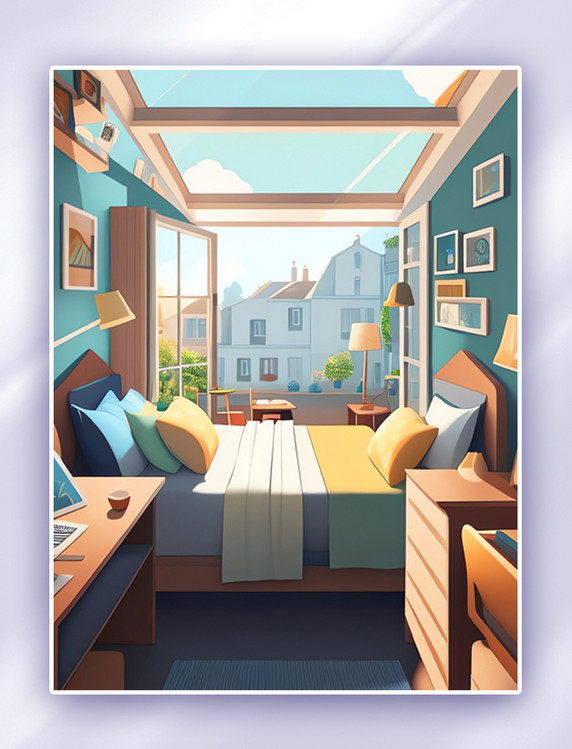 温馨卧室房间室内设计场景插画