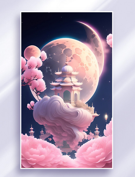 中国风梦幻天空云朵粉色宫殿数字艺术插画